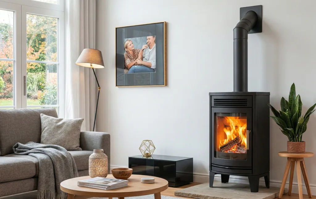 Poêle à bois contemporain installé dans un salon