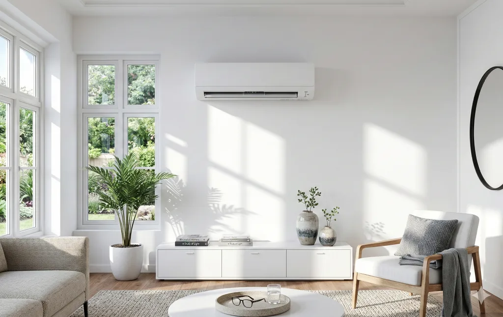 Climatisation réversible murale dans un séjour lumineux