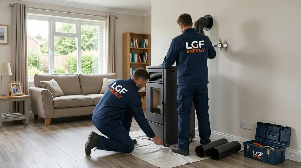 Techniciens LGF Energy installant un poêle à granulés chez un particulier
