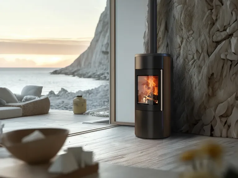 Poêle à granulés Nobis au design cylindrique devant une baie vitrée