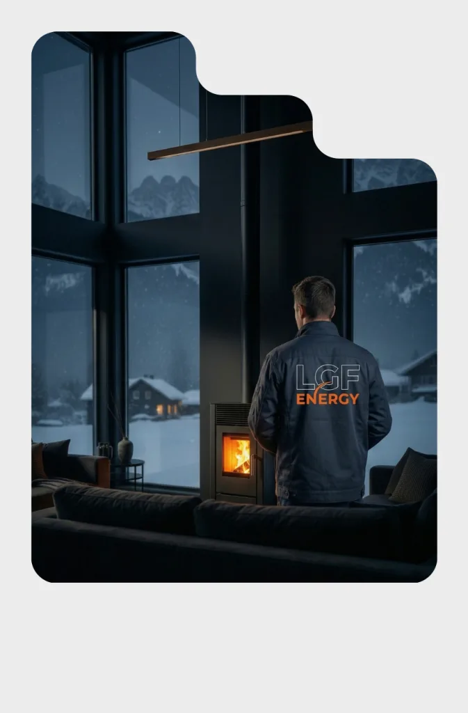Technicien LGF Energy devant un poêle à granulés, vue sur les Alpes
