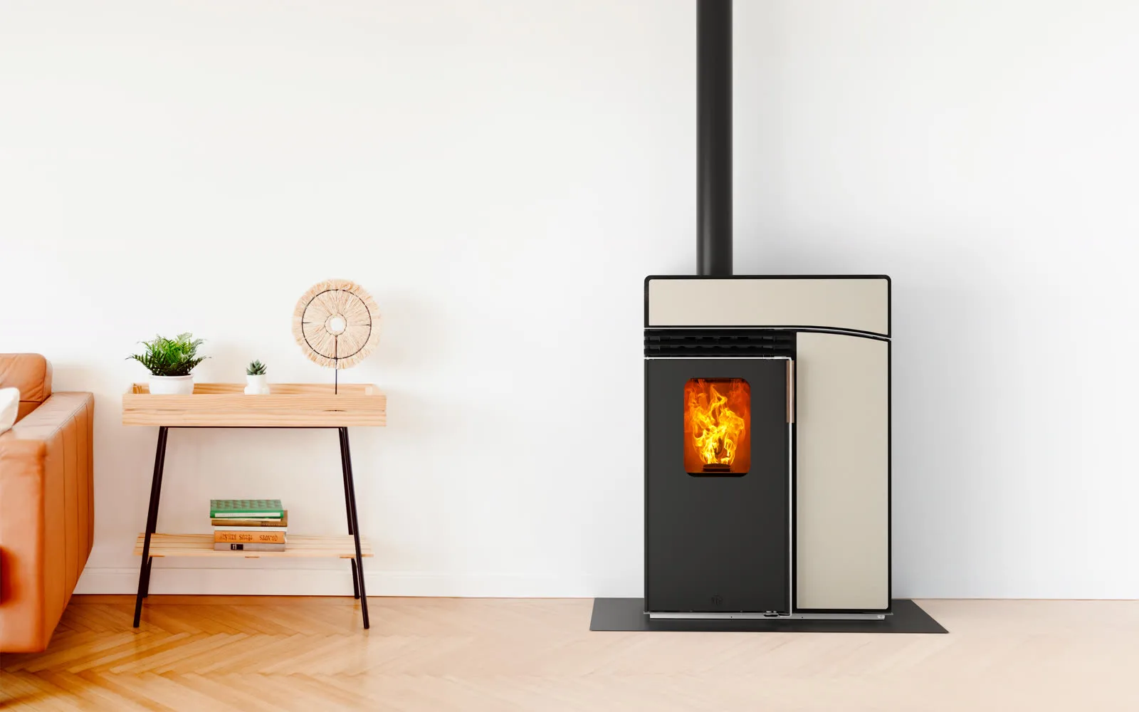 Poêle à granulés Hoben H6 Horizon Classic habillage crème dans un salon contemporain