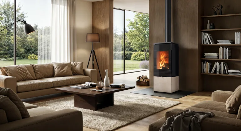 Poêle Nobis Flat 500 à habillage pierre dans un salon lumineux ouvert sur le jardin